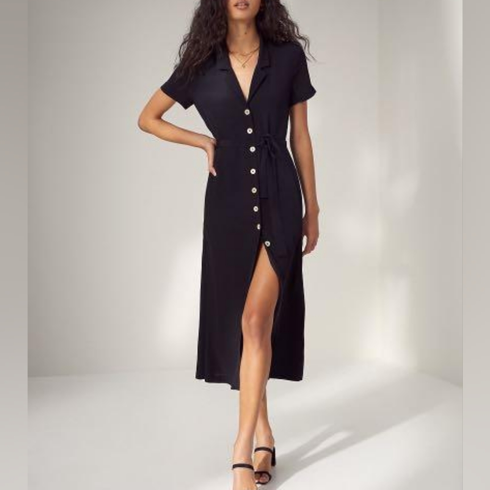 ARITZIA WILFRED Button Up Crepe Shirt Dress Tie Belt in Black XS